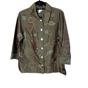 Harris Wallace 100% Silk Brown Embroidered Floral Blouse Size Medium
